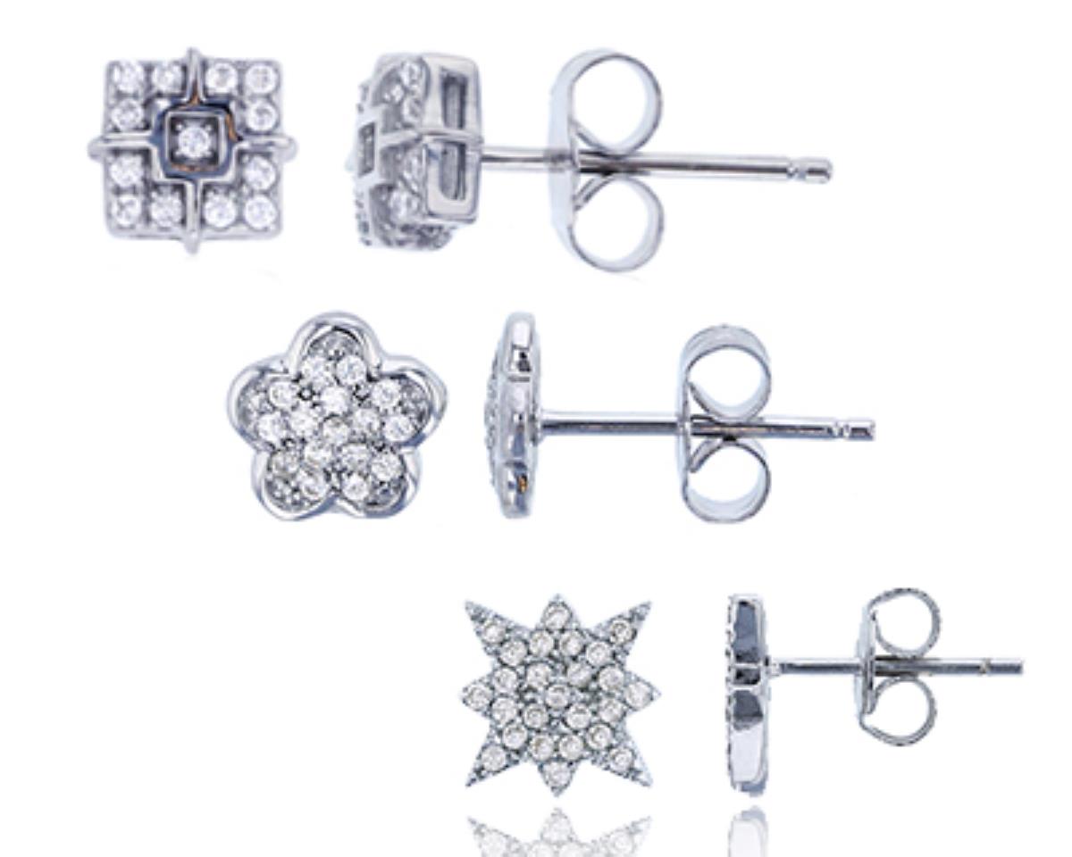 Sterling Silver Rhodium Micropave Round CZ Flower , Square & Snowflake Stud Earring Set