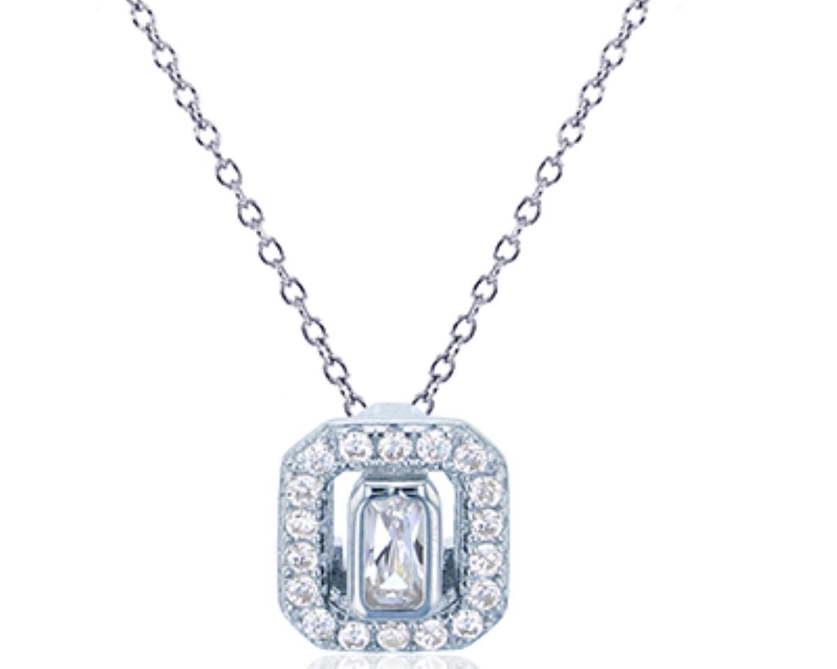 Sterling Silver Rhodium Emerald Cut CZ Petite Cushion Shaped Halo 18"+2" Extender Necklace