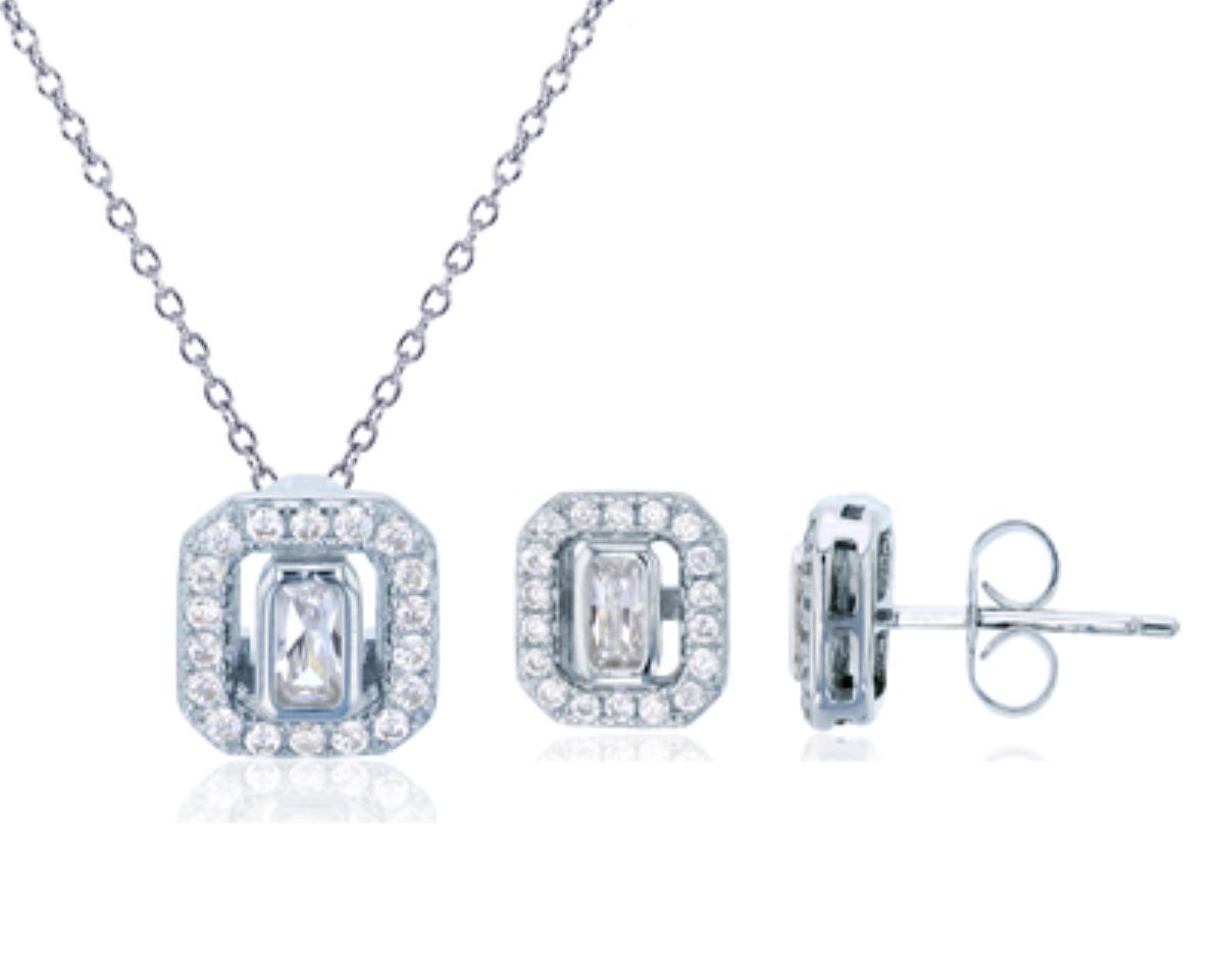 Sterling Silver Rhodium Emerald Cut CZ Petite Cushion Shape Halo Stud Earring & 18"+2" Necklace Set