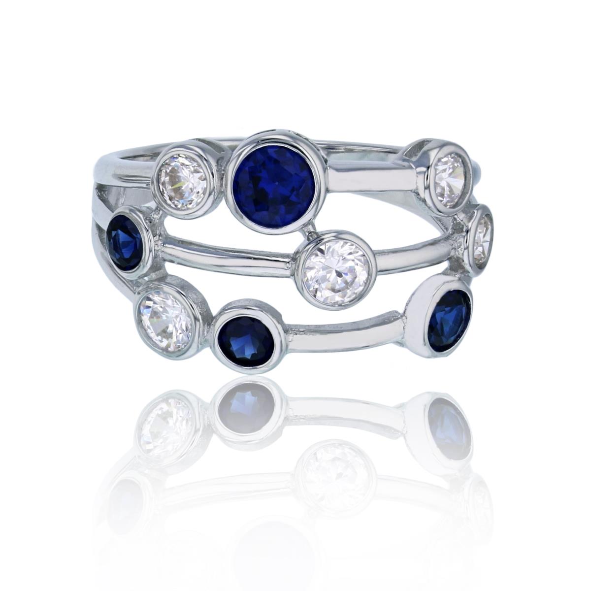 Sterling Silver Rhodium Polished 3 Strand Round Cut Clear and Blue Bezel CZ Ring