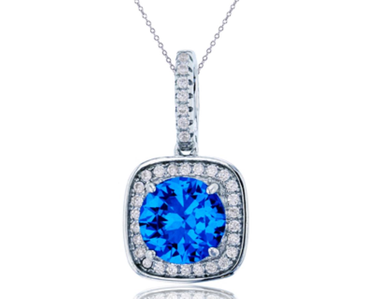 Sterling Silver Rhodium 8mm Round Cut Swiss Blue & Clear CZ Halo Square 18"+2" Necklace