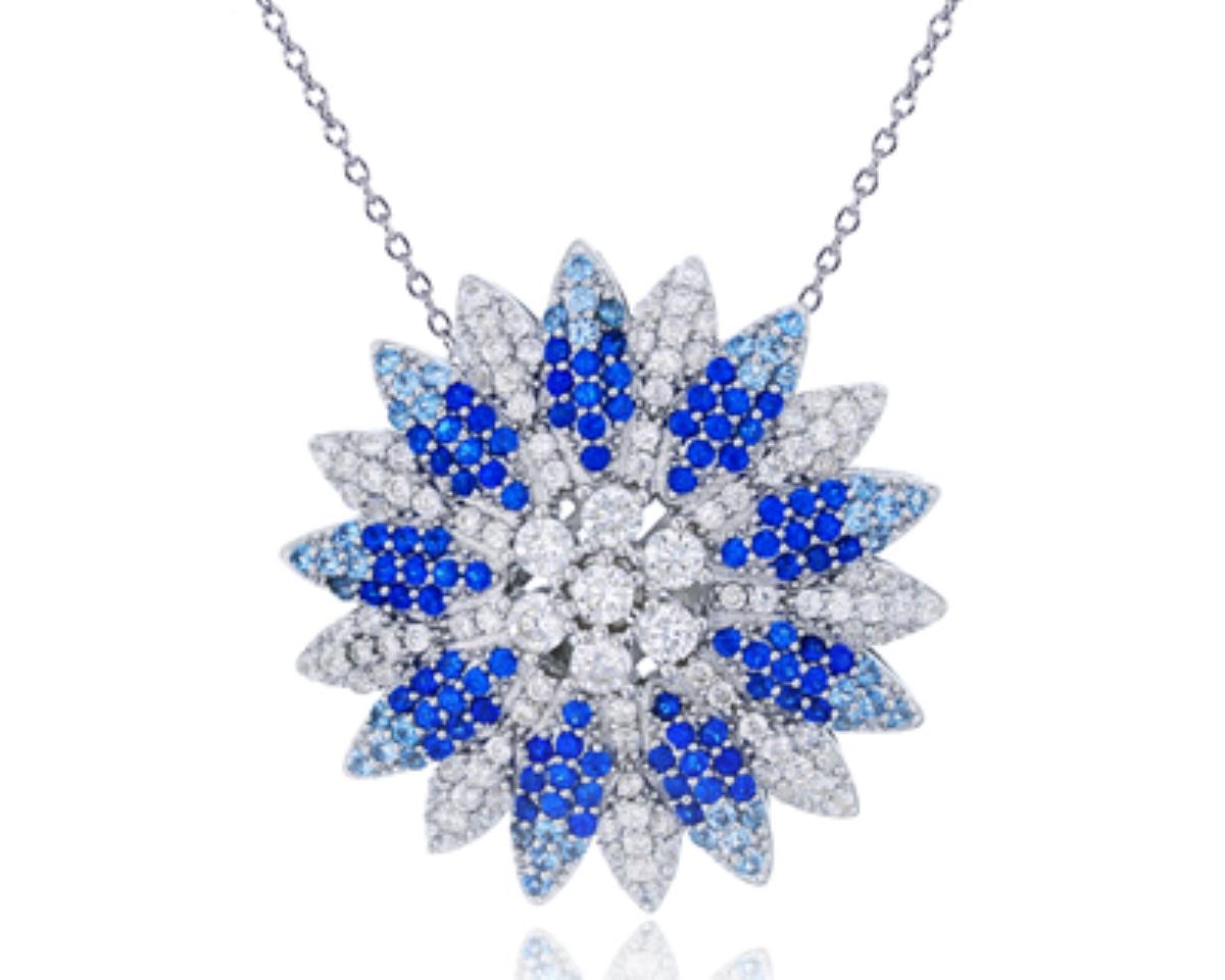 Sterling Silver Rhodium Micropave Blue & Clear CZ Sunflower 18"+2" Necklace