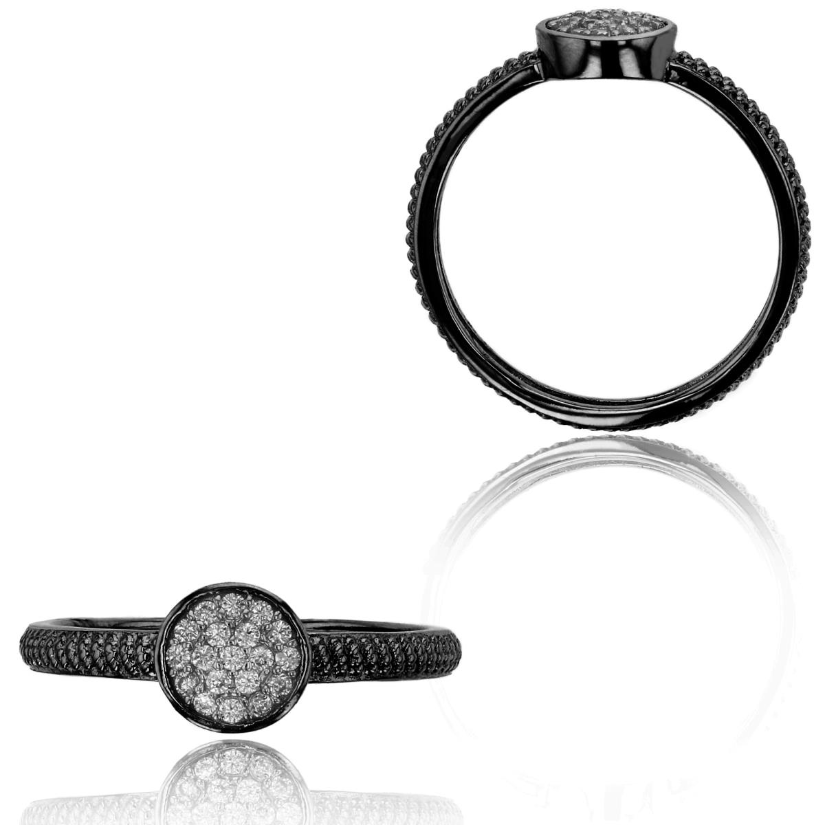 Sterling Silver Black Round CZ Micropave Milgrain Fashion Ring