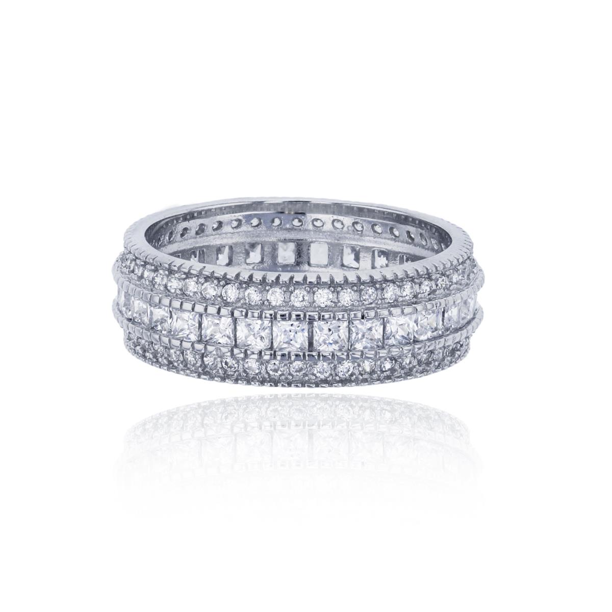 Sterling Silver Rhodium Micropave Princess & Round Cut Eternity Ring
