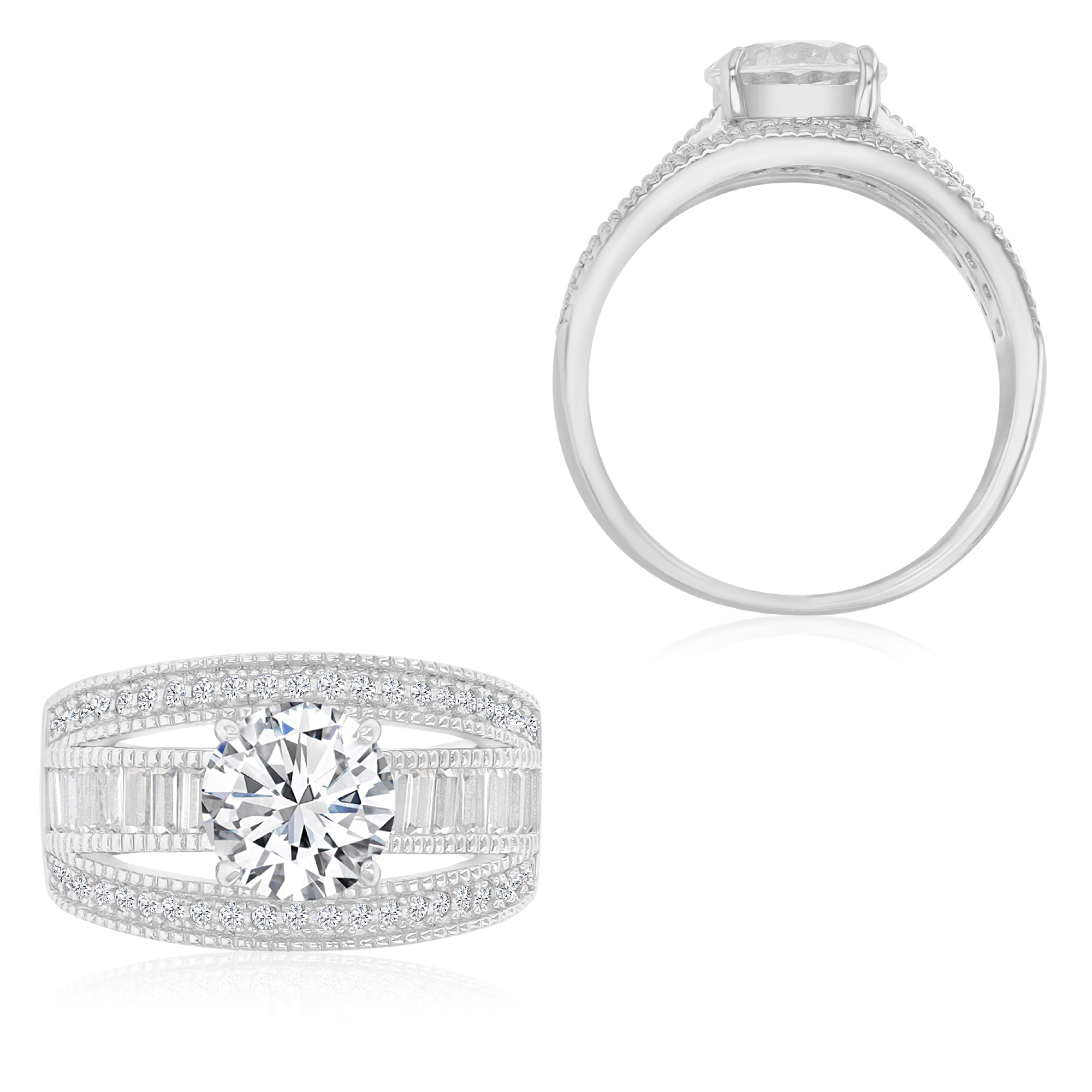 Sterling Silver Rhodium 8mm Round Cut & Baguette Pave 3-Strand Milgraine Eng Ring