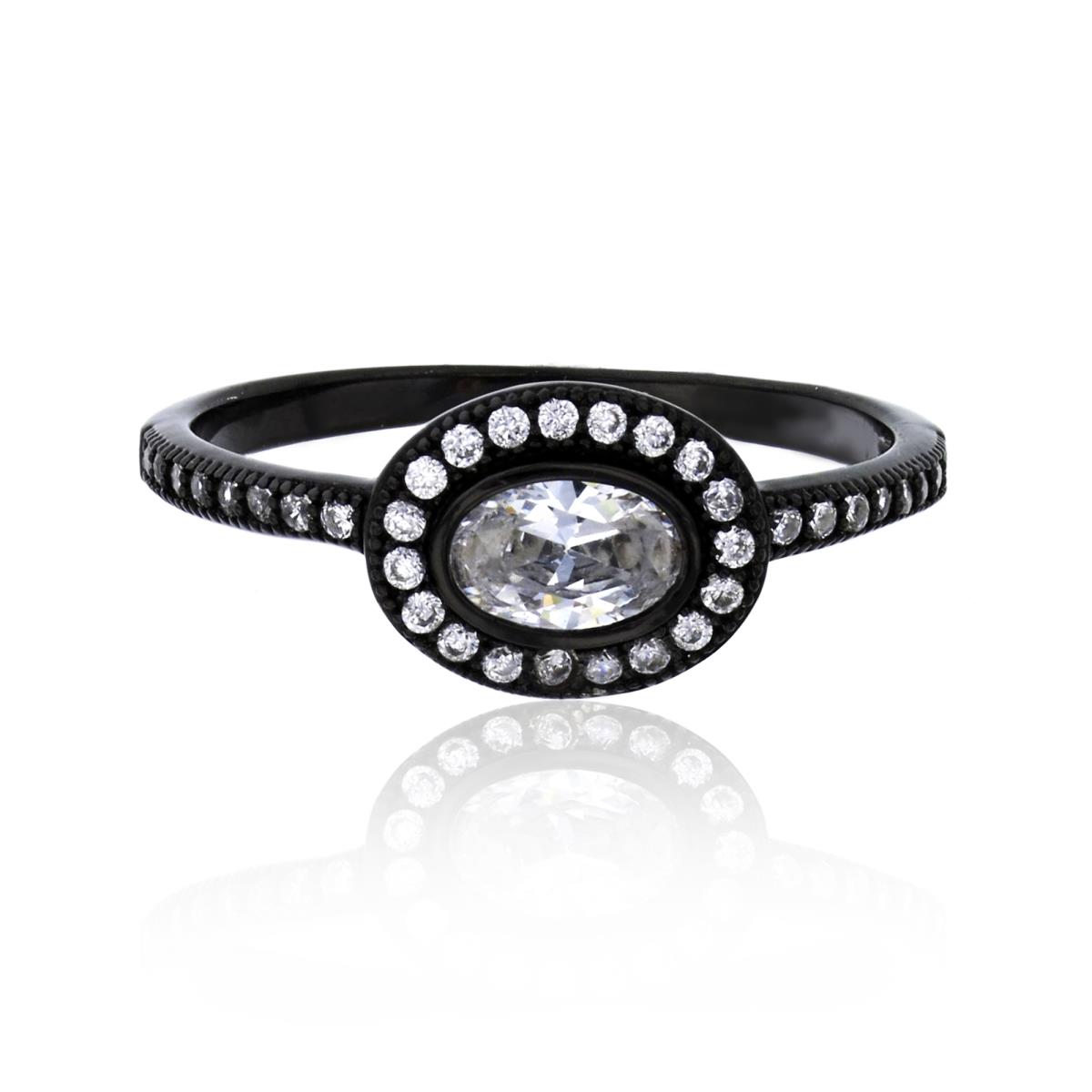 Sterling Silver Black Oval Cut Halo Fashion Ring