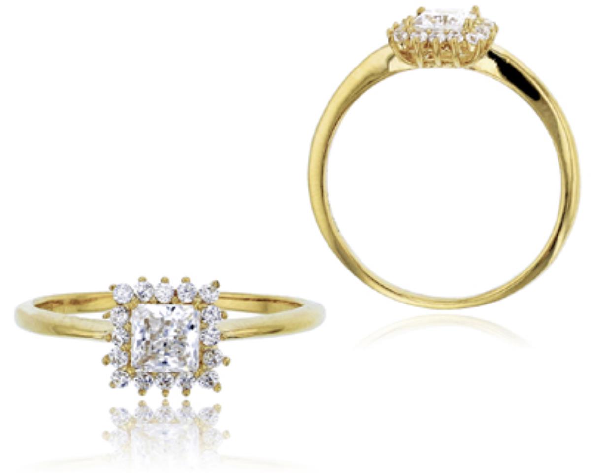 14K Yellow Gold Princess Cut Halo Polished Fashion Ring