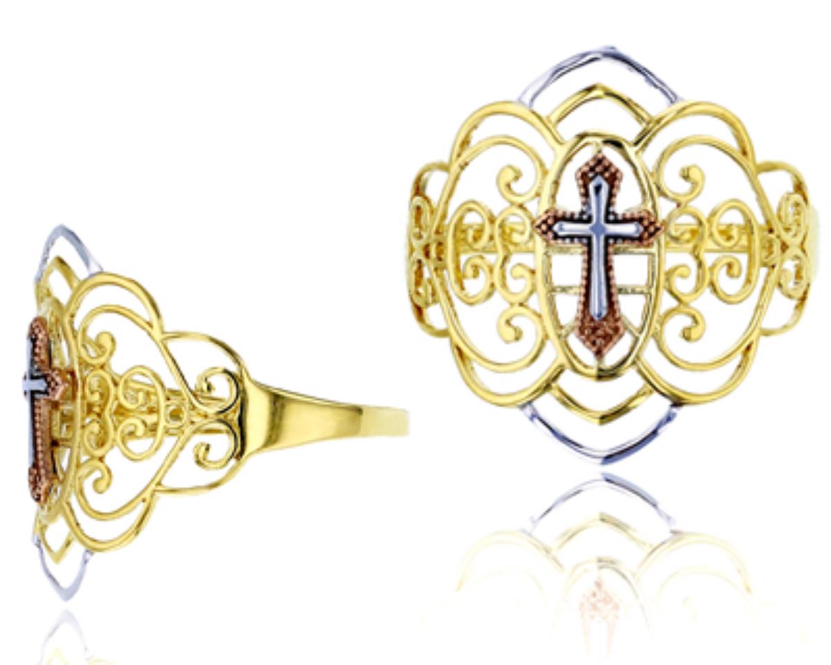14K Tricolor Gold Polished & Milgraine Cross Filigree Religious Ring