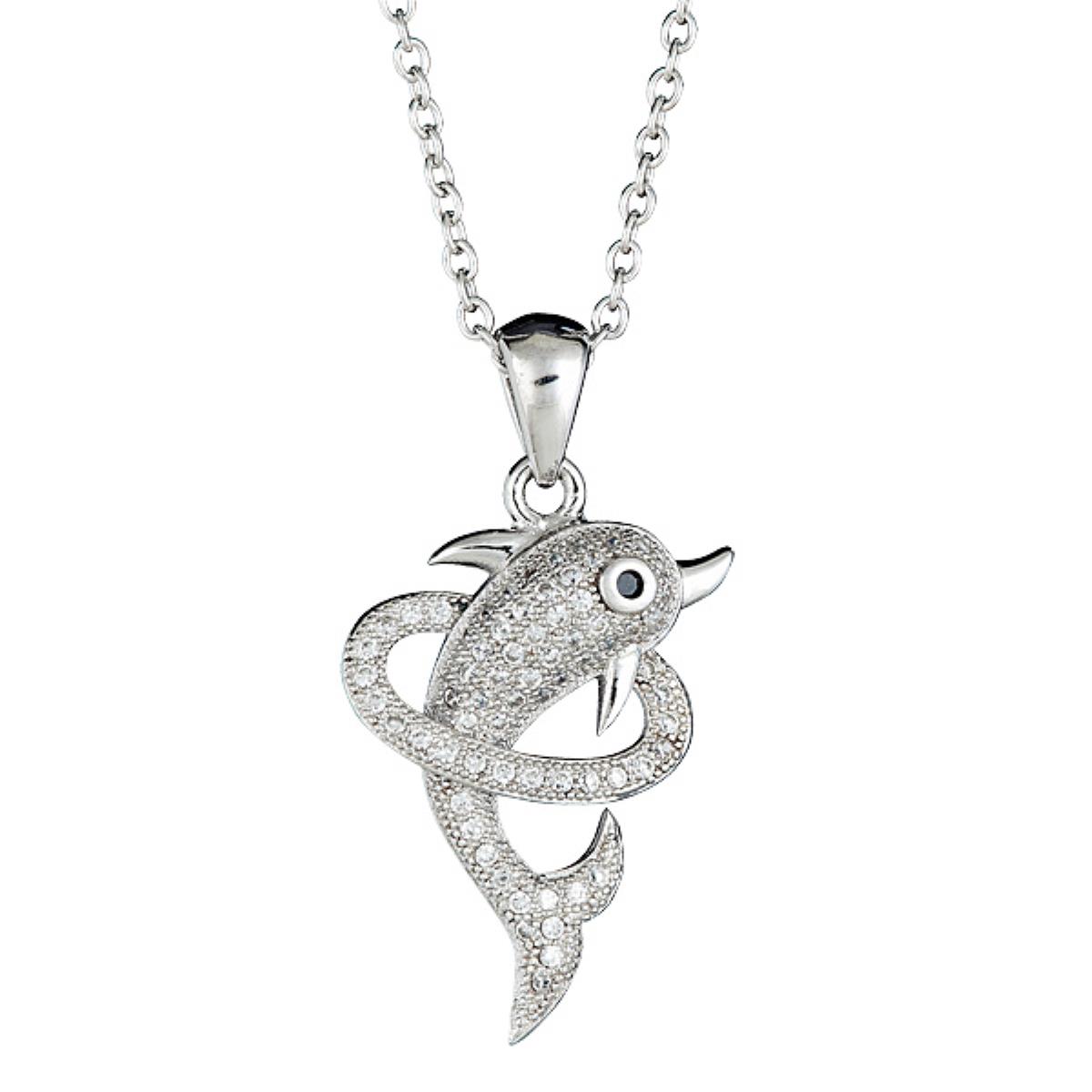Sterling Silver Rhodium Pave Dolphin in Ring DC Cable Chain Necklace