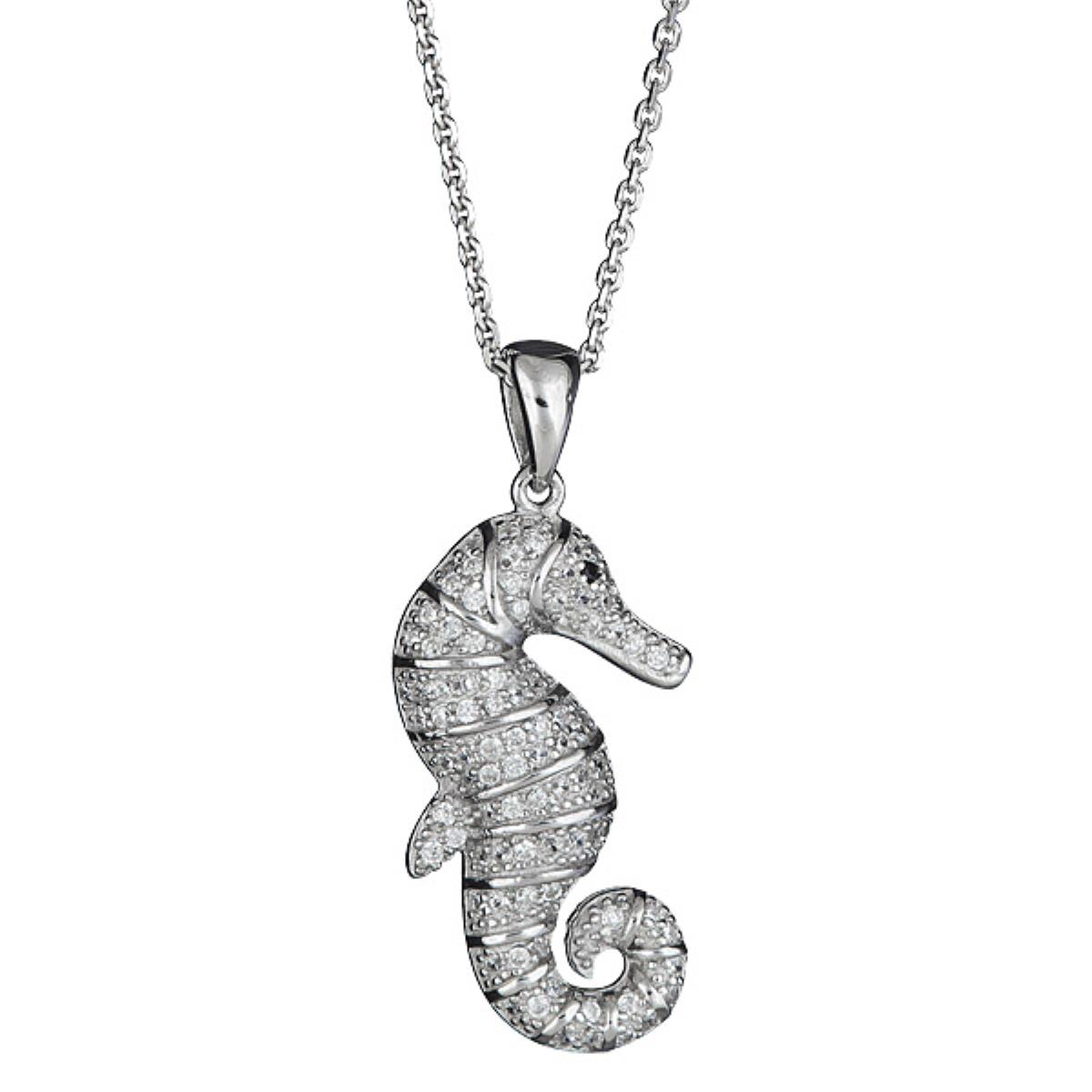 Sterling Silver Rhodium Pave Seahorse in Ring DC Cable Chain Necklace