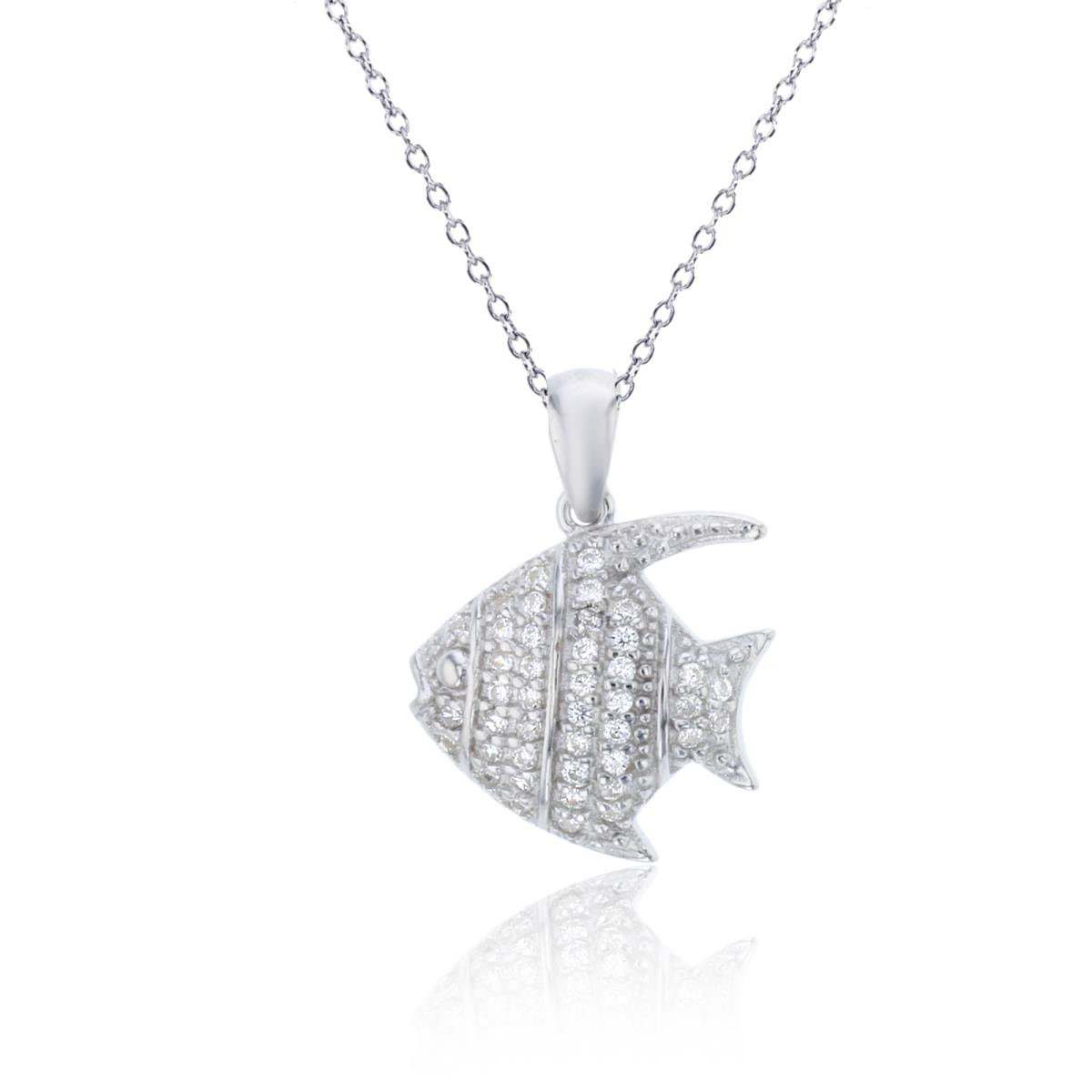 Sterling Silver Rhodium Pave Fish in Ring DC Cable Chain Necklace
