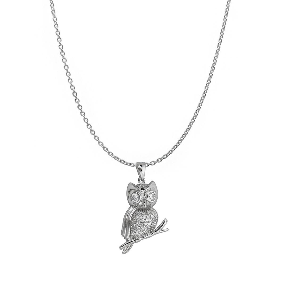 Sterling Silver Rhodium Micropave Perched Owl 18" Necklace