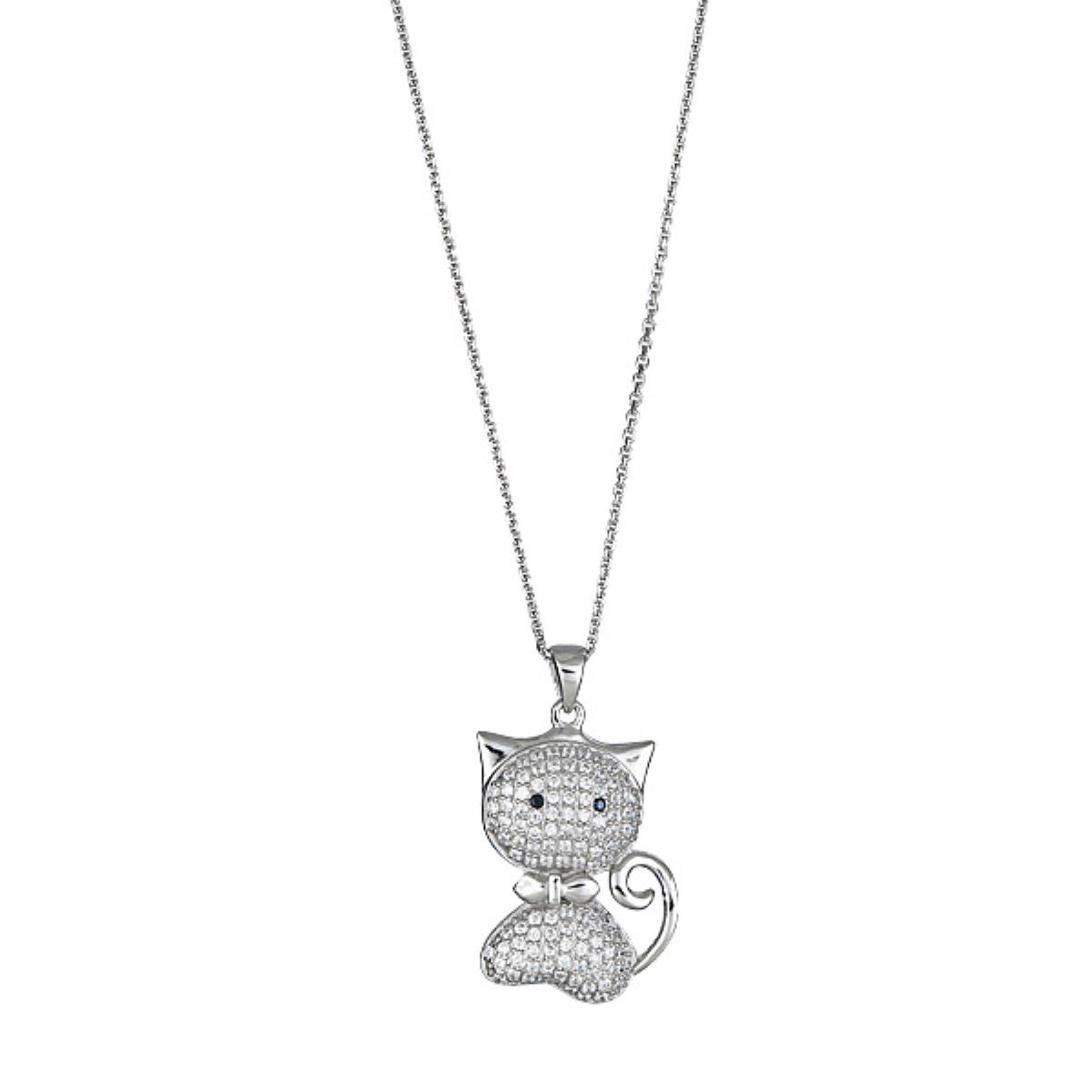 Sterling Silver Rhodium Micropave Cat 18" Diamond Cut Cable Chain Necklace