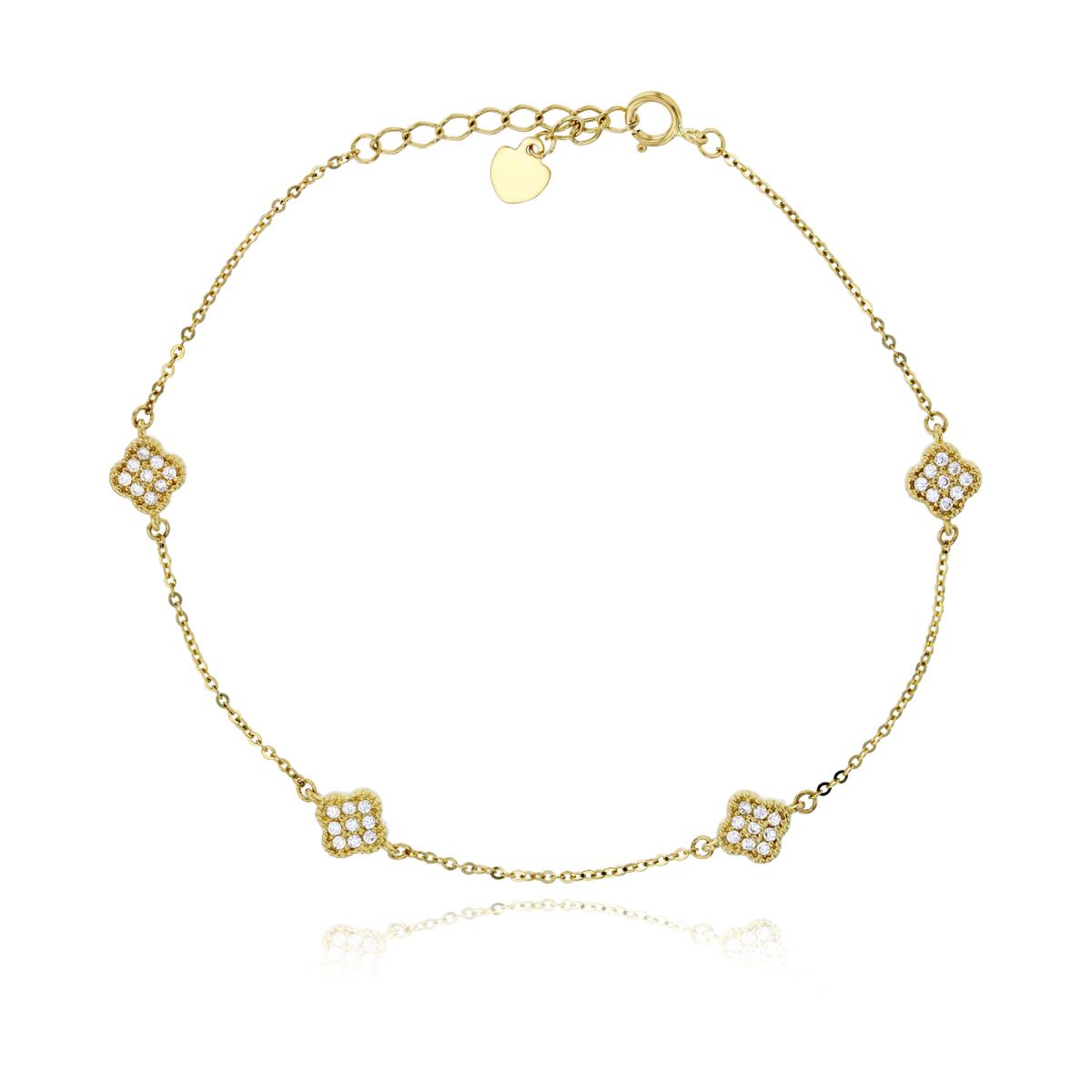 14K Yellow Gold Micropave Milgraine Clover 7"+1" Extender Bracelet