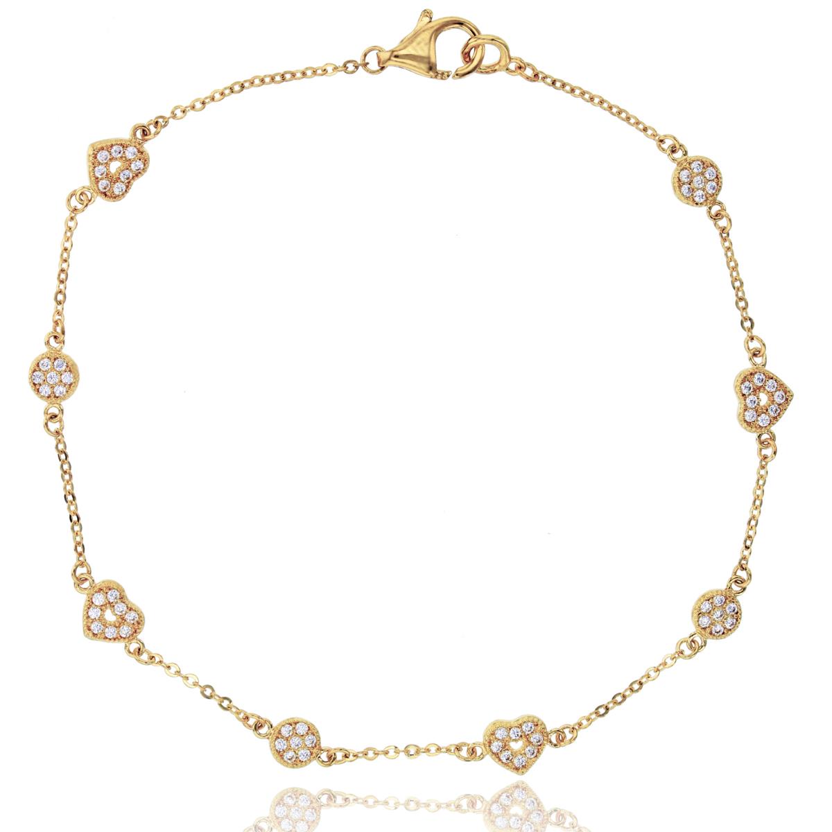 14K Yellow Gold Micropave Alternating Hearts & Circles 7" Bracelet