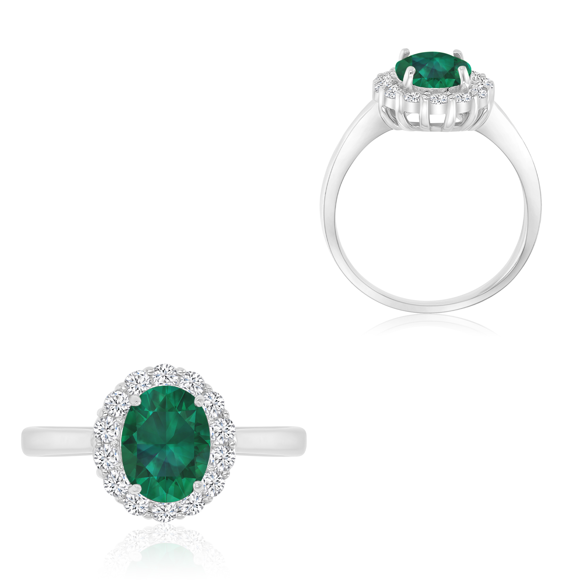 Sterling Silver Rhodium 9x7mm Oval Cut Emerald & Clear CZ Rd Cut Halo Adjustable Engagement Ring