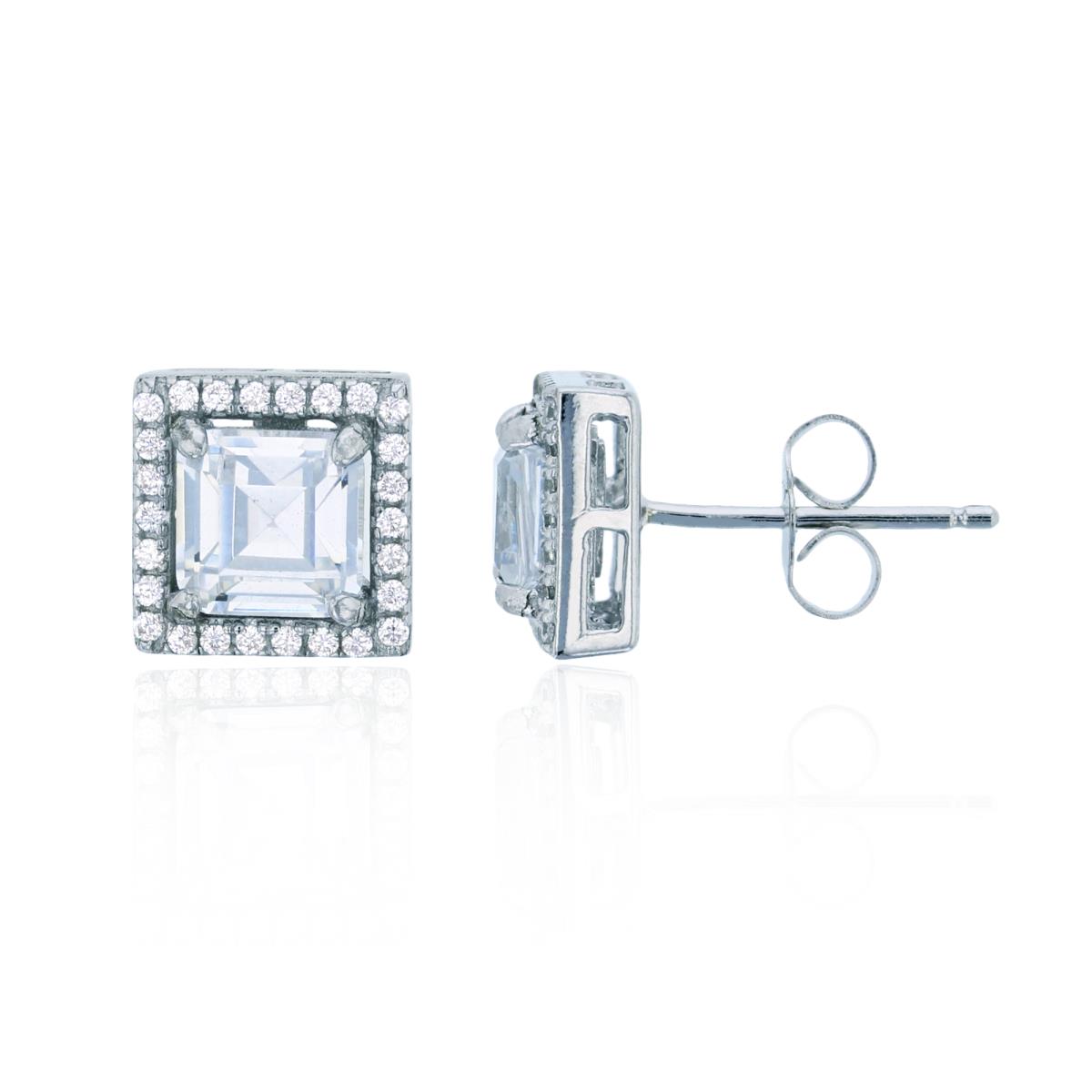 Sterling Silver Rhodium 9mm Princess & Round CZ Halo Stud Earring
