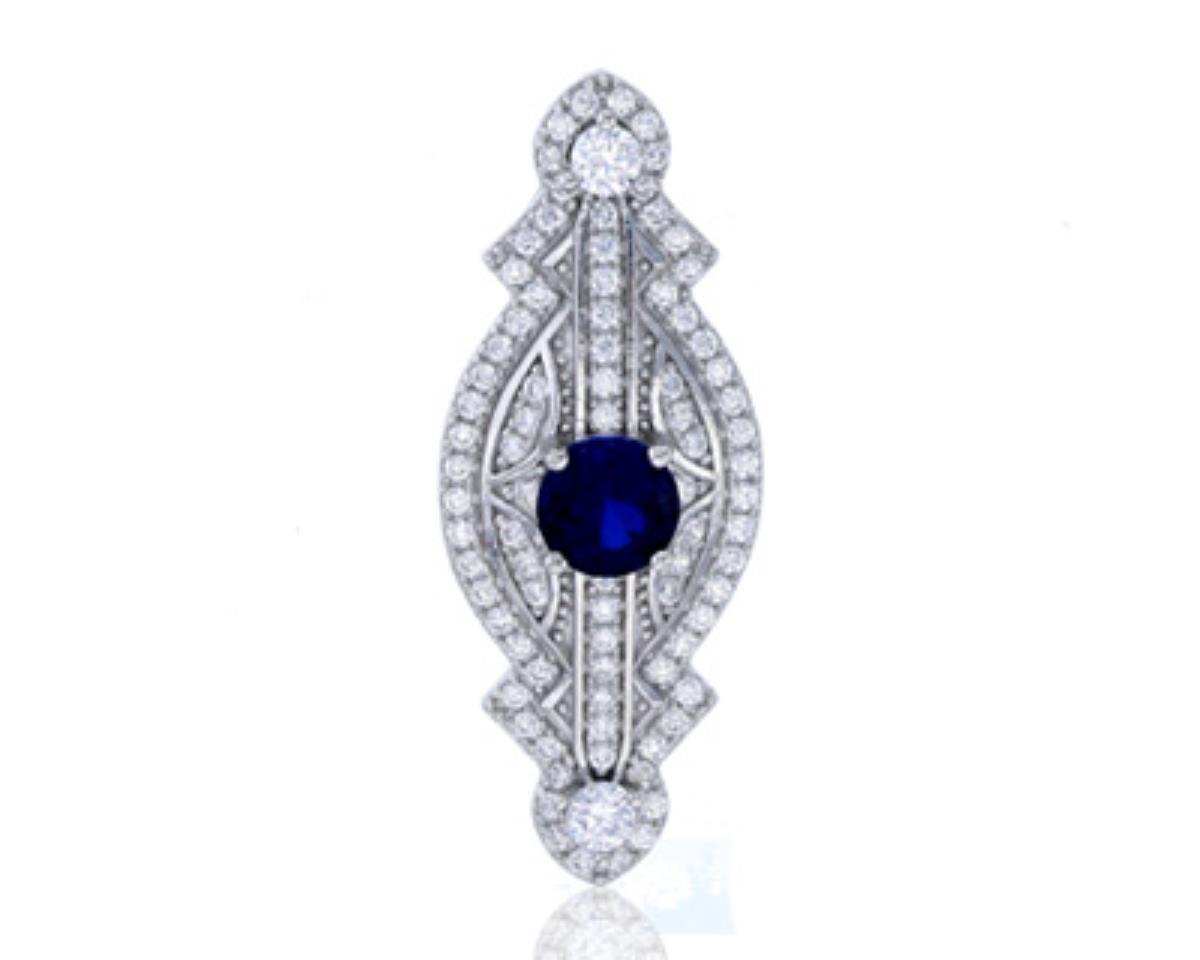 Sterling Silver Rhodium 29.5x11.5mm Sapphire & Clear Round CZ Pendant