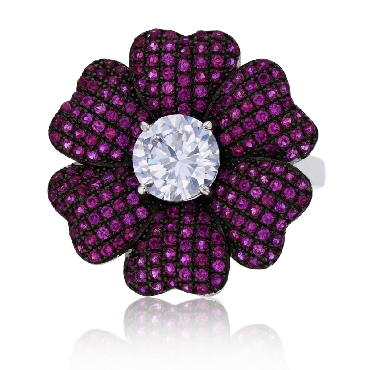 Sterling Silver Black & Rhodium 23mm Ruby & White Rd CZ Flower Fashion Ring