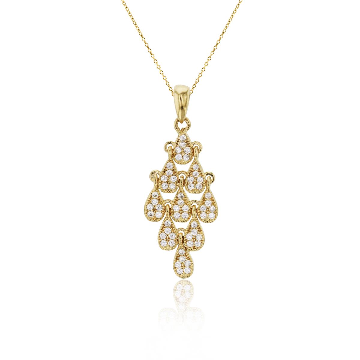 14K Yellow Gold Micropave Teardrop Chandelier Milgraine Dangling 18" Necklace