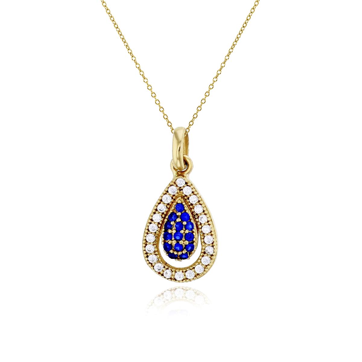 14K Yellow Gold Micropave 17x8mm  Blue & Clear CZ Pear Shape 18" Necklace