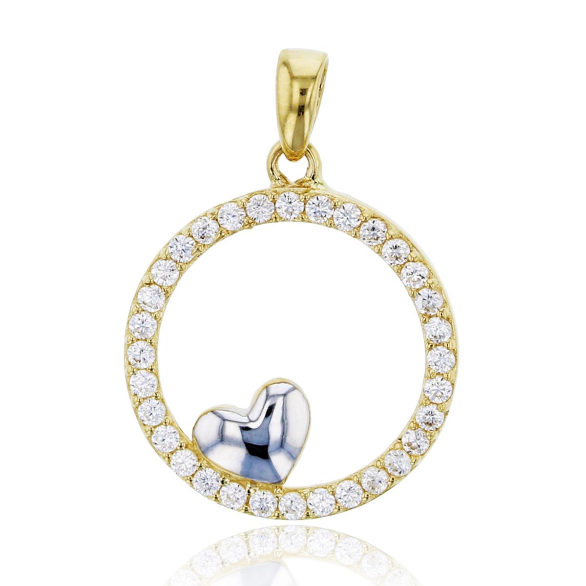 14K Two-Tone Gold Micropave & Polished Heart Inside Open Circle Pendant