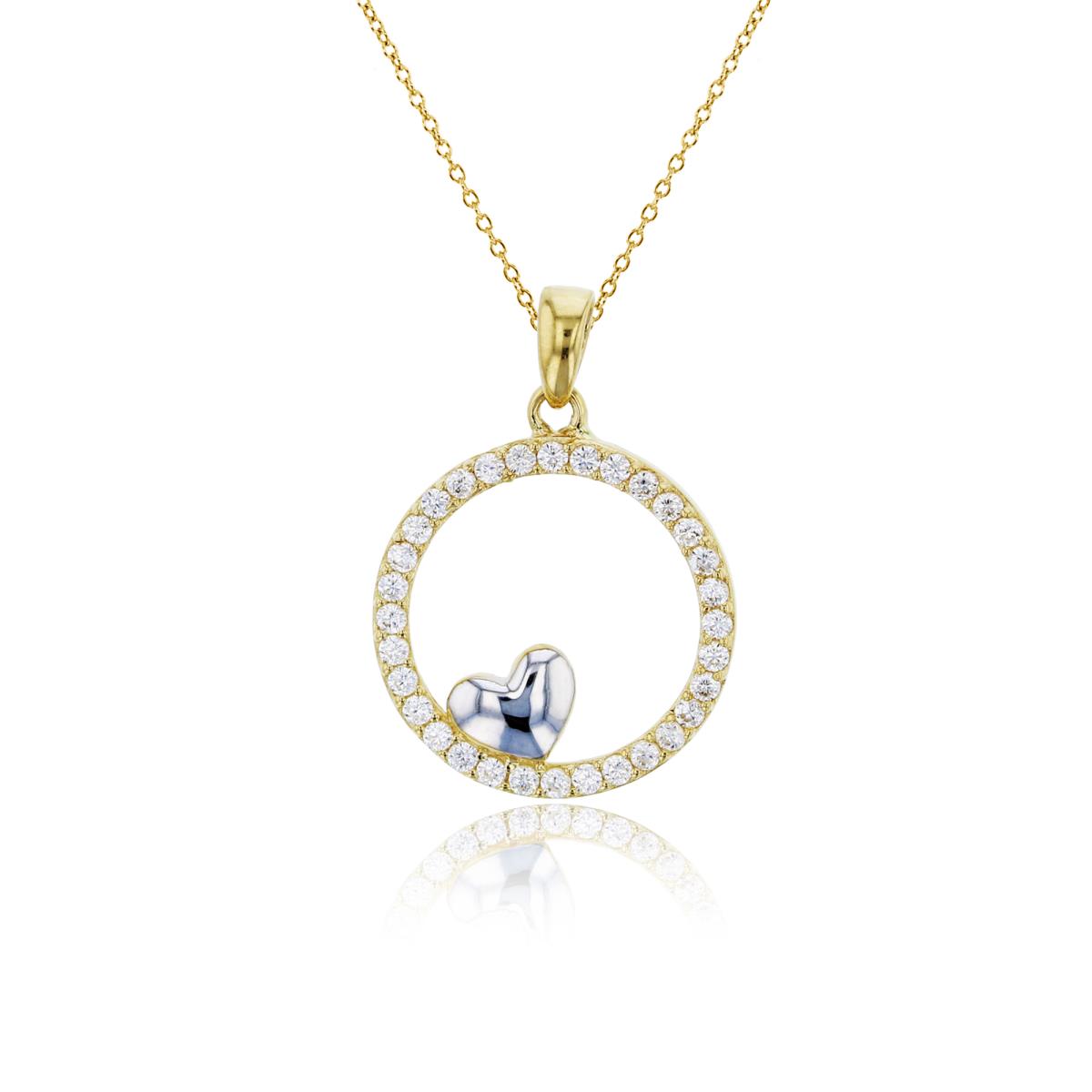 14K Two-Tone Gold Micropave & Polished Heart Inside Open Circle 18" Necklace
