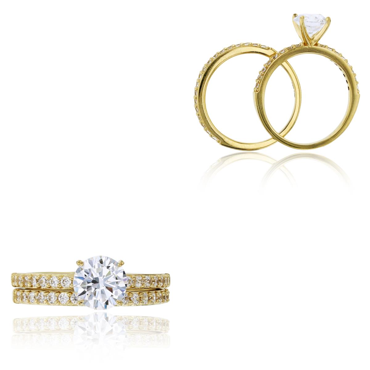 14K Yellow Gold Polished 7mm Round Cut & Micropave Wedding Duo Rings