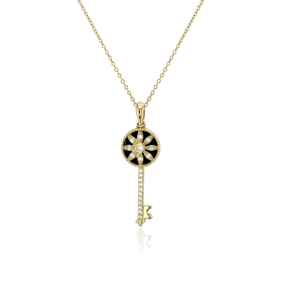 14K Yellow Gold Black Onyx & Clear CZ Flower Key 18" Necklace