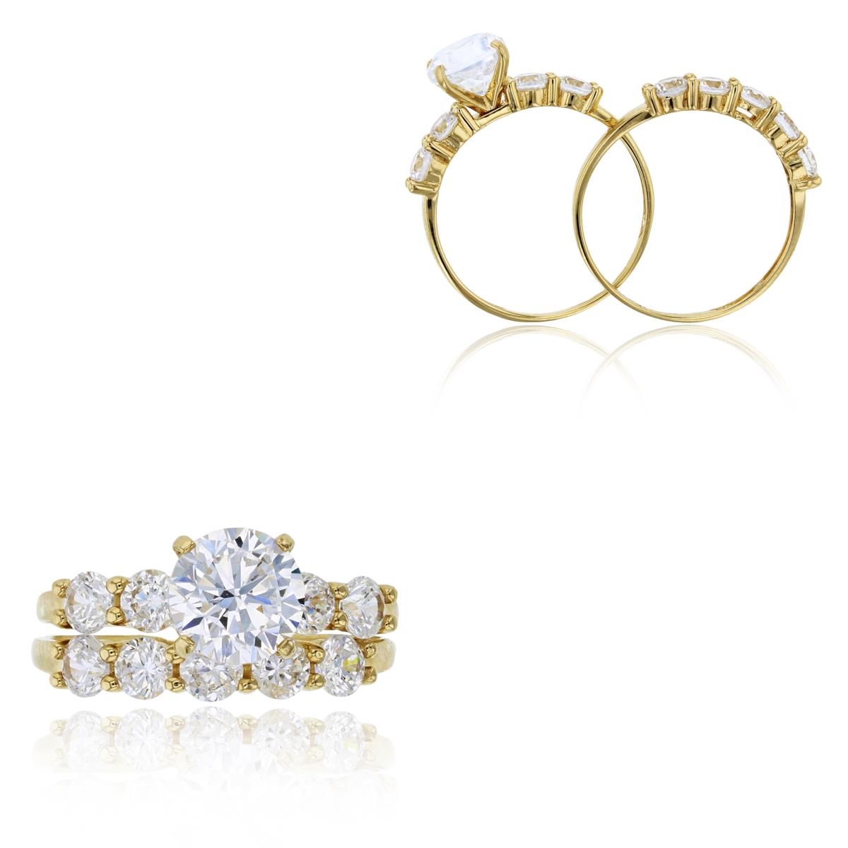 14K Yellow Gold 7mm Round Cut & 3mm Pave Wedding Duo Rings