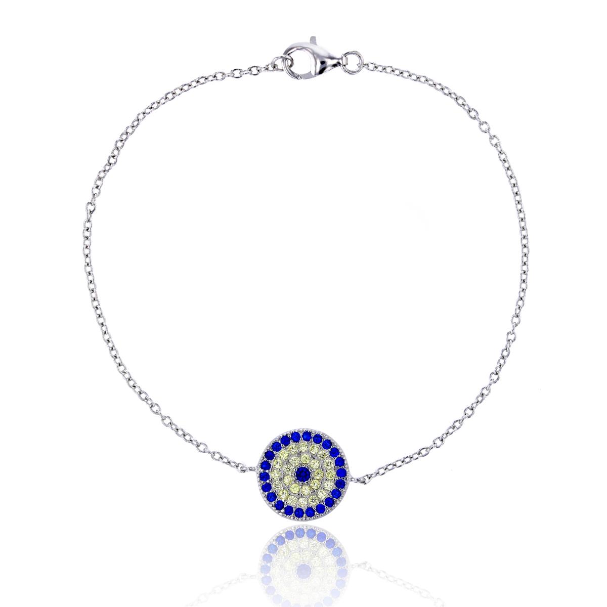 Sterling Silver Rhodium 13mm Sapphire & Yellow Rd CZ Circle Evil Eye Bracelet