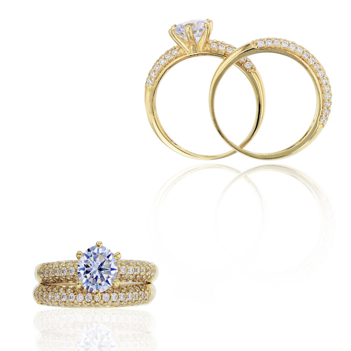 14K Yellow Gold 6mm Round Cut & 3-Row Micropave Wedding Duo Rings