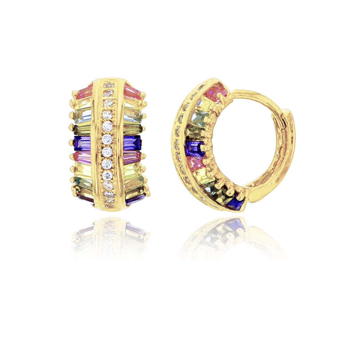 14K Yellow Gold 3-Row Pave White Rd Cut CZ & Multi Color Baguette Side Stones Huggie Earring