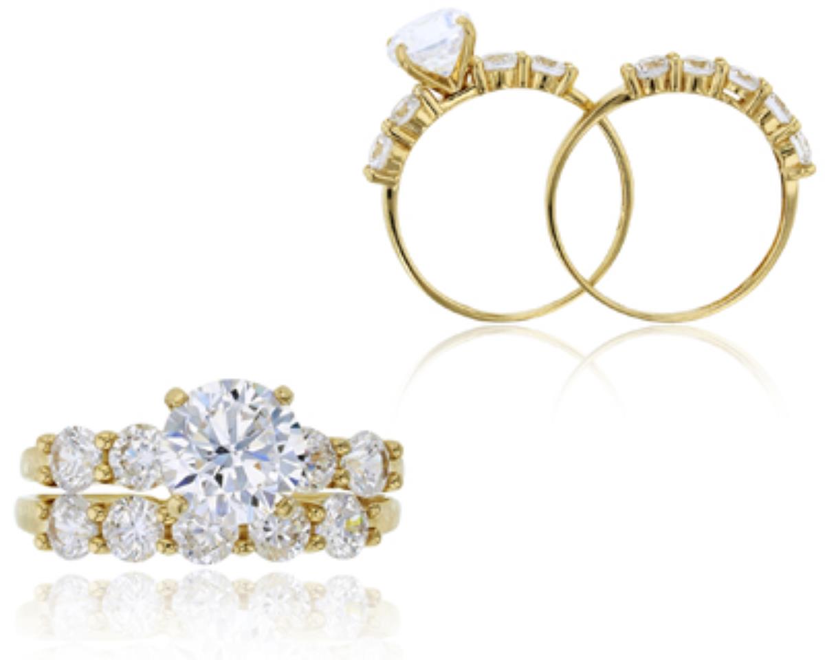 10K Yellow Gold 7mm Round Cut & 3mm Pave Wedding Duo Rings