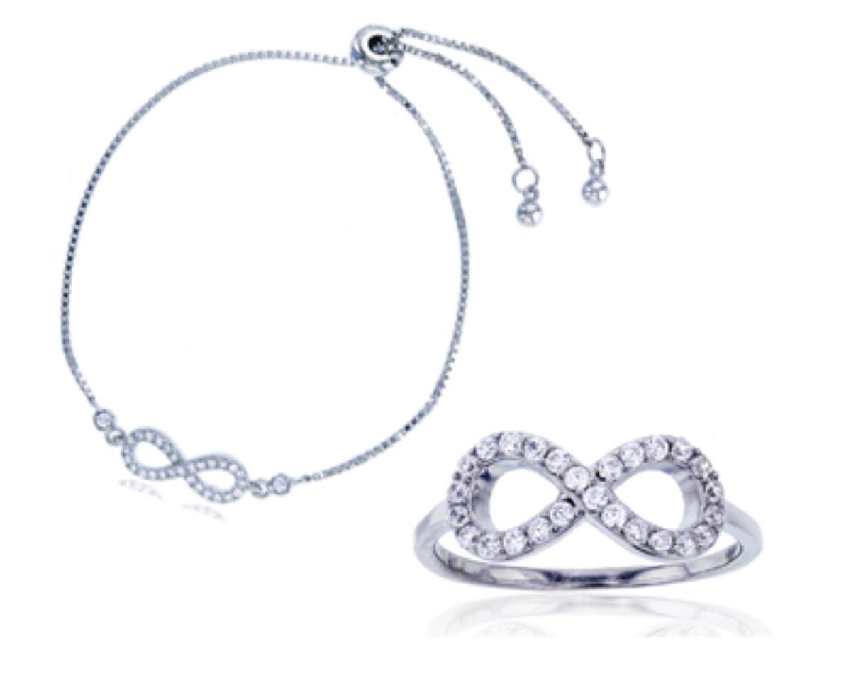 Sterling Silver Rhodium Pave Infinity Fashion Ring and Adj Bracelet Set