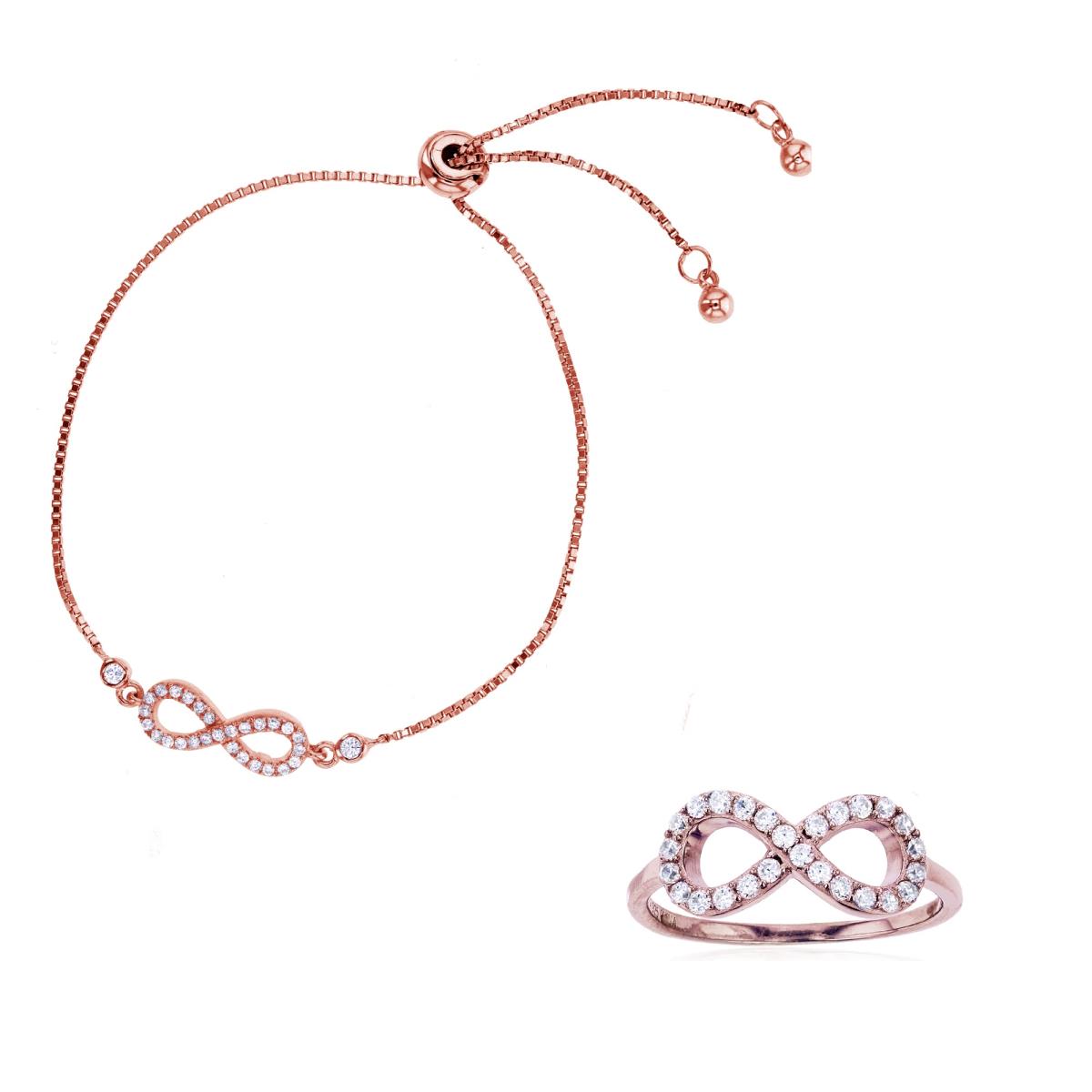 Sterling Silver Rose Pave Infinity Fashion Ring and Adj Bracelet Set