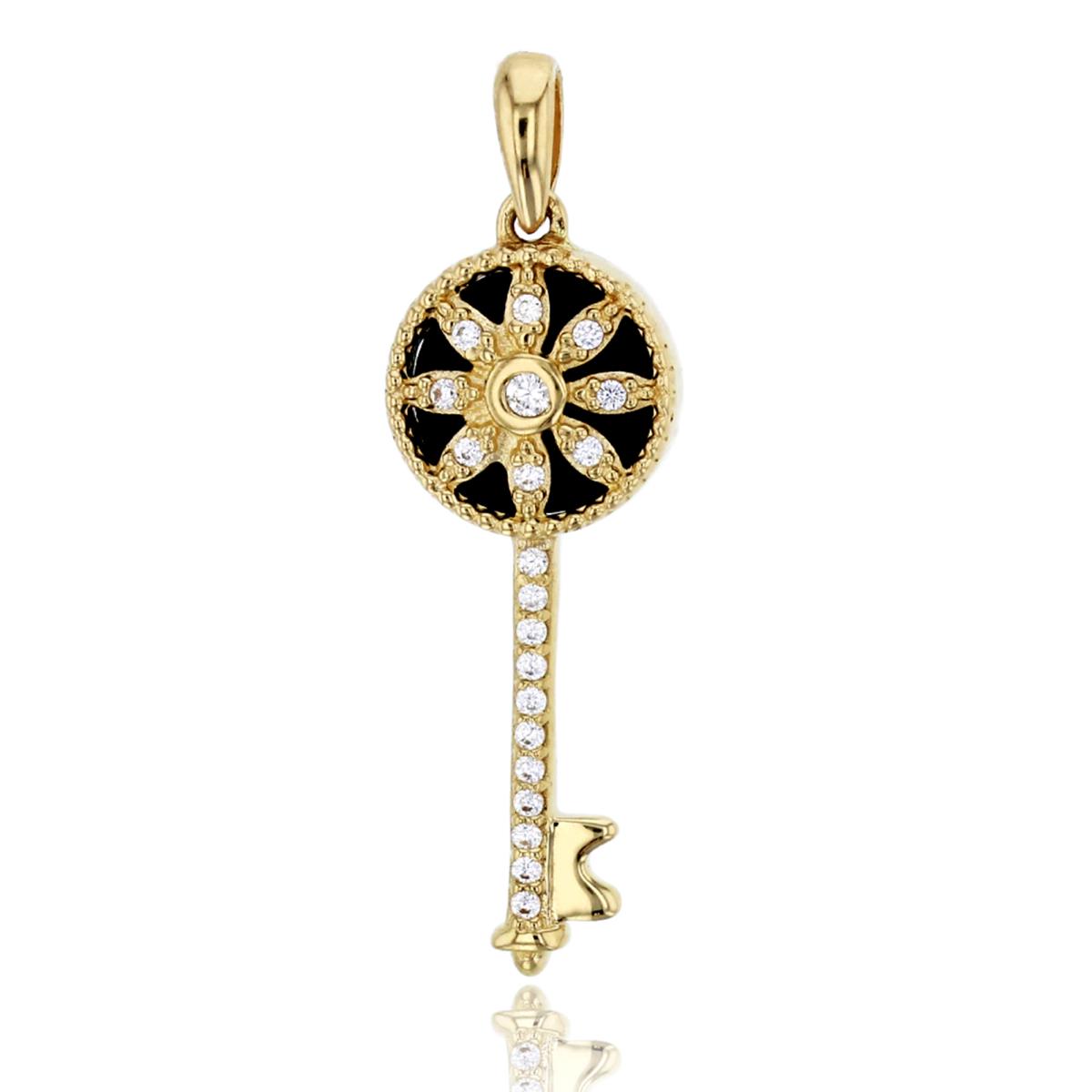 10K Yellow Gold Black Onyx & Clear CZ Flower Key Dangling Pendant