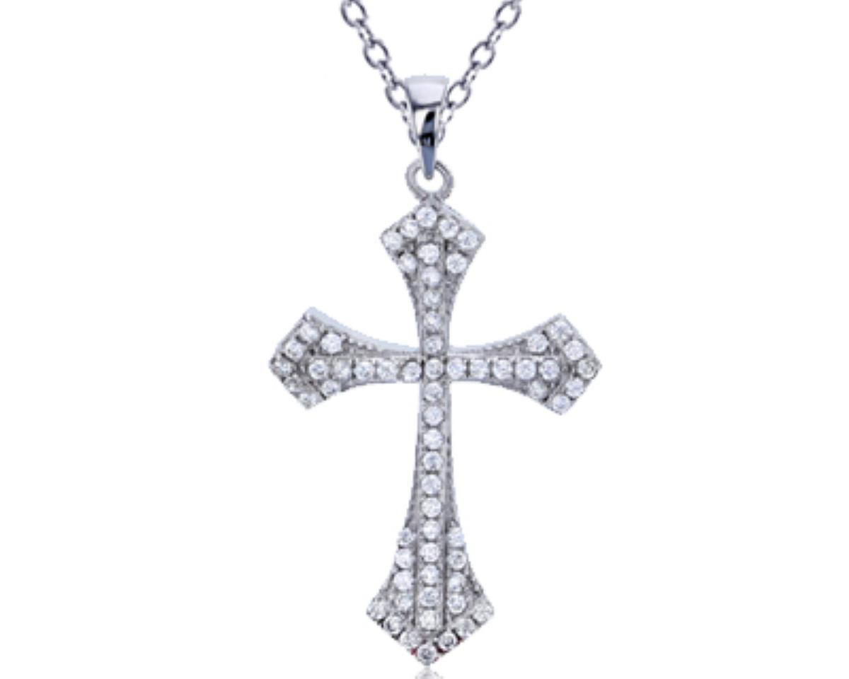 Sterling Silver Rhodium Micropave 31X18mm Cross CZ 18"+2" Extender Necklace