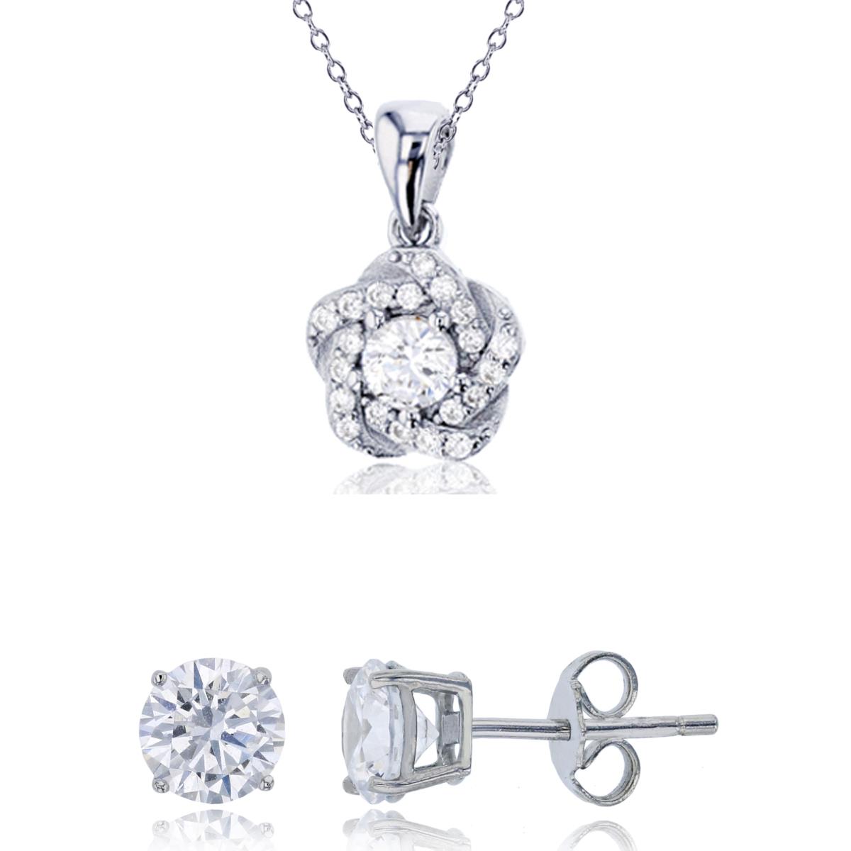 Sterling Silver Rhodium Pave Round Cut Knot Flower 18"+2" Necklace & 6mm Round Solitaire Stud Earring Set
