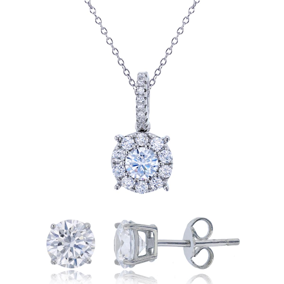 Sterling Silver Rhodium Micropave 6mm Rd Solitaire Stud & 5mm Rd Halo 18"+2" Extender Necklace Set