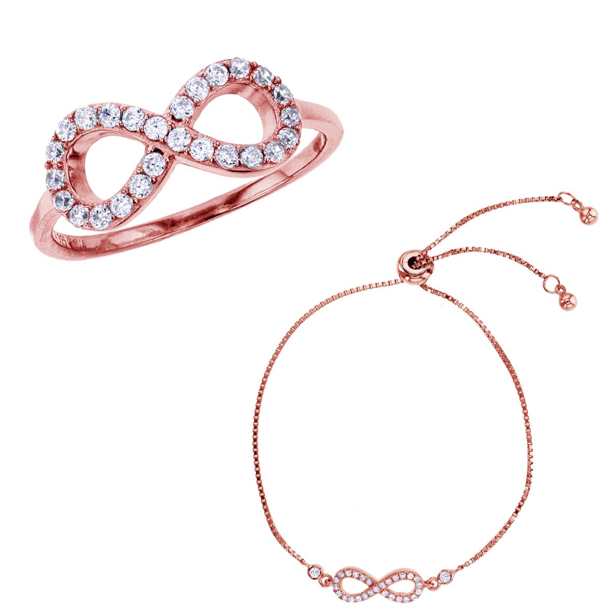 Sterling Silver Rose Pave Infinity Fashion Ring and Adj Bracelet Set