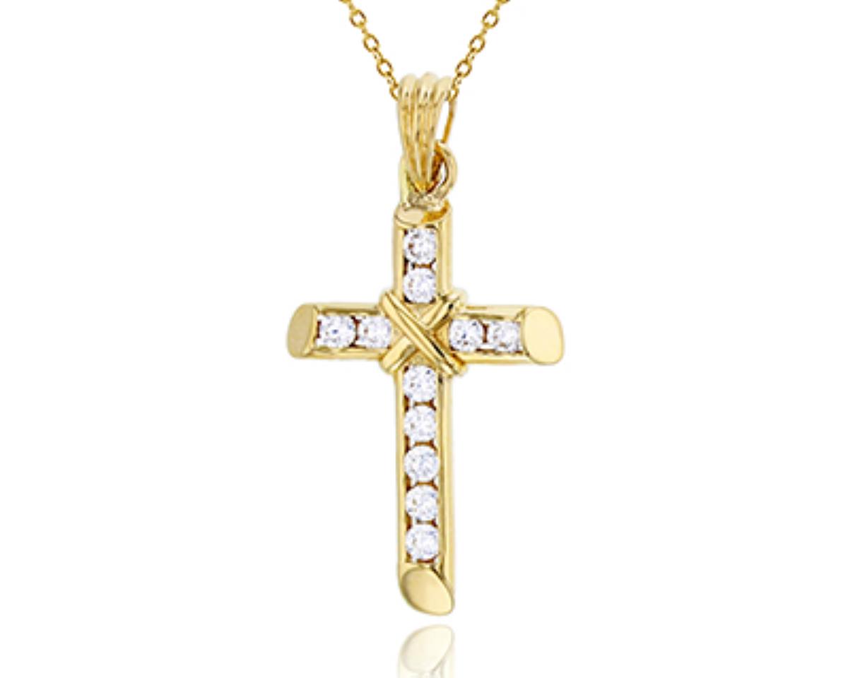 10K Yellow Gold Micropave Channel Set Cross 18" Necklace