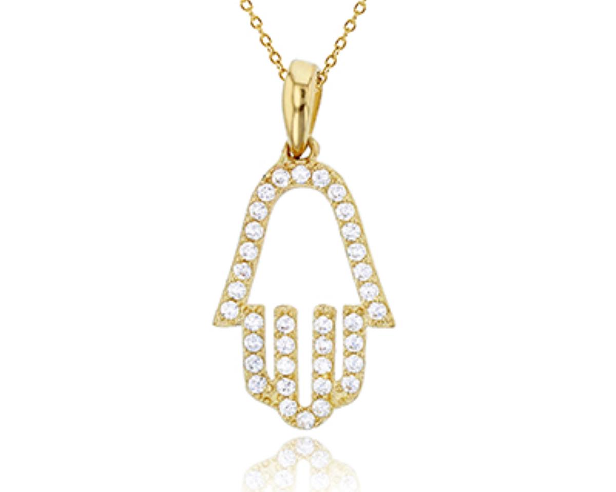 10K Yellow Gold Micropave Open Hamsa 18" Necklace