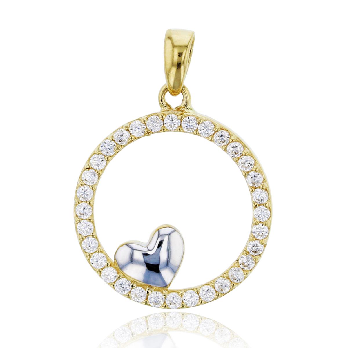 10K Two-Tone Gold Micropave & Polished Heart Inside Open Circle Pendant