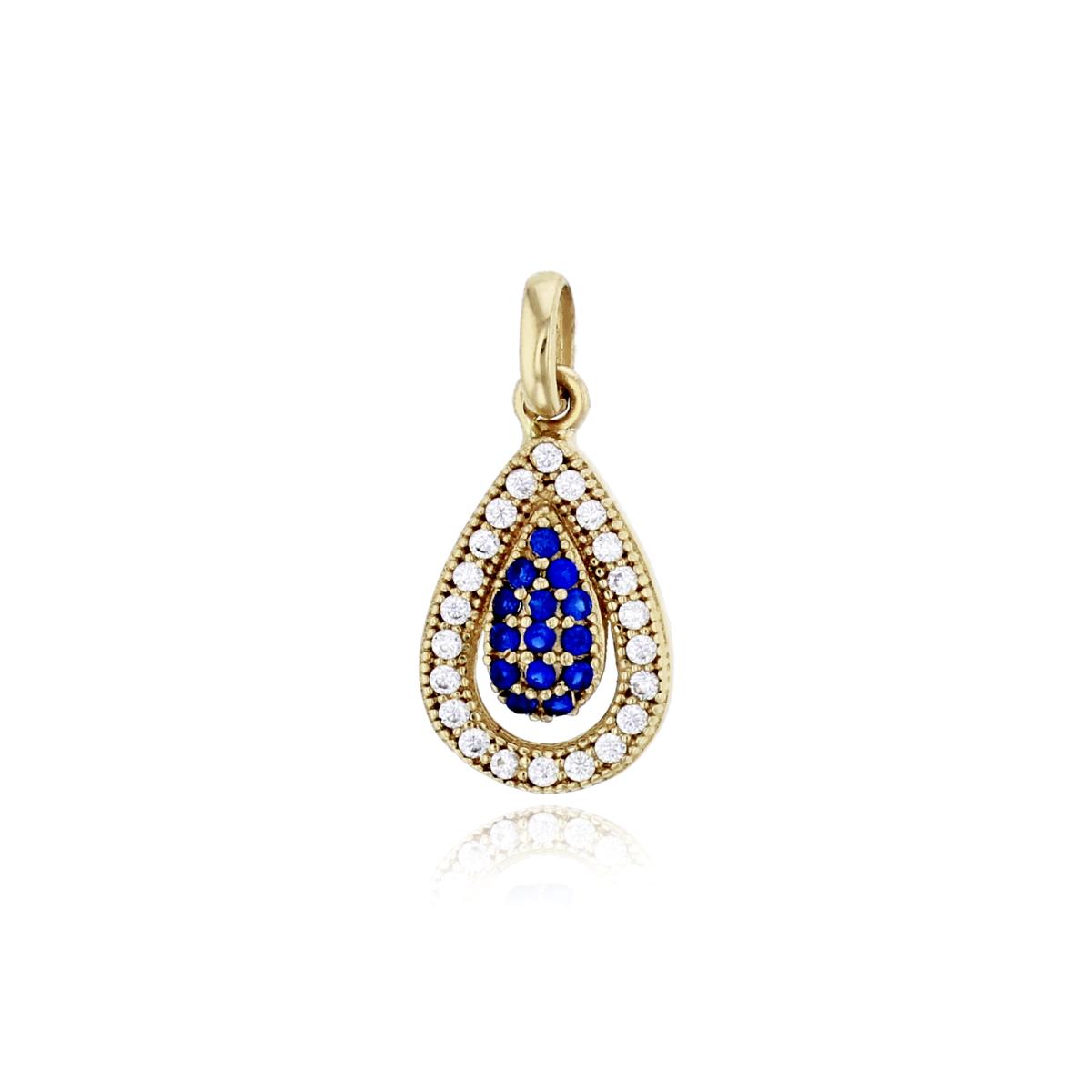 10K Yellow Gold Micropave Sapphire Blue & Clear CZ Pear Shape Pendant