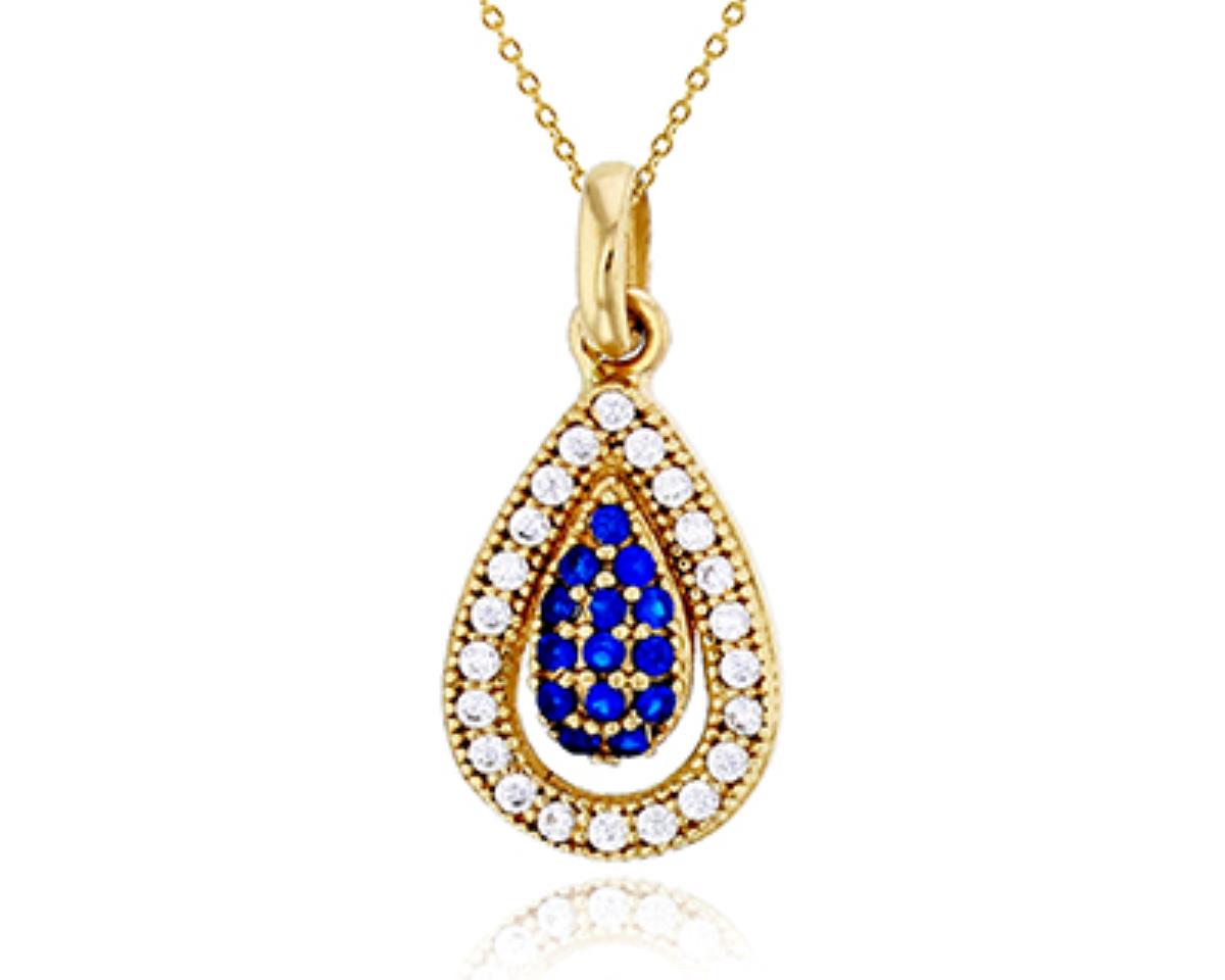 10K Yellow Gold Micropave Sapphire Blue & Clear CZ Pear Shape 18" Necklace