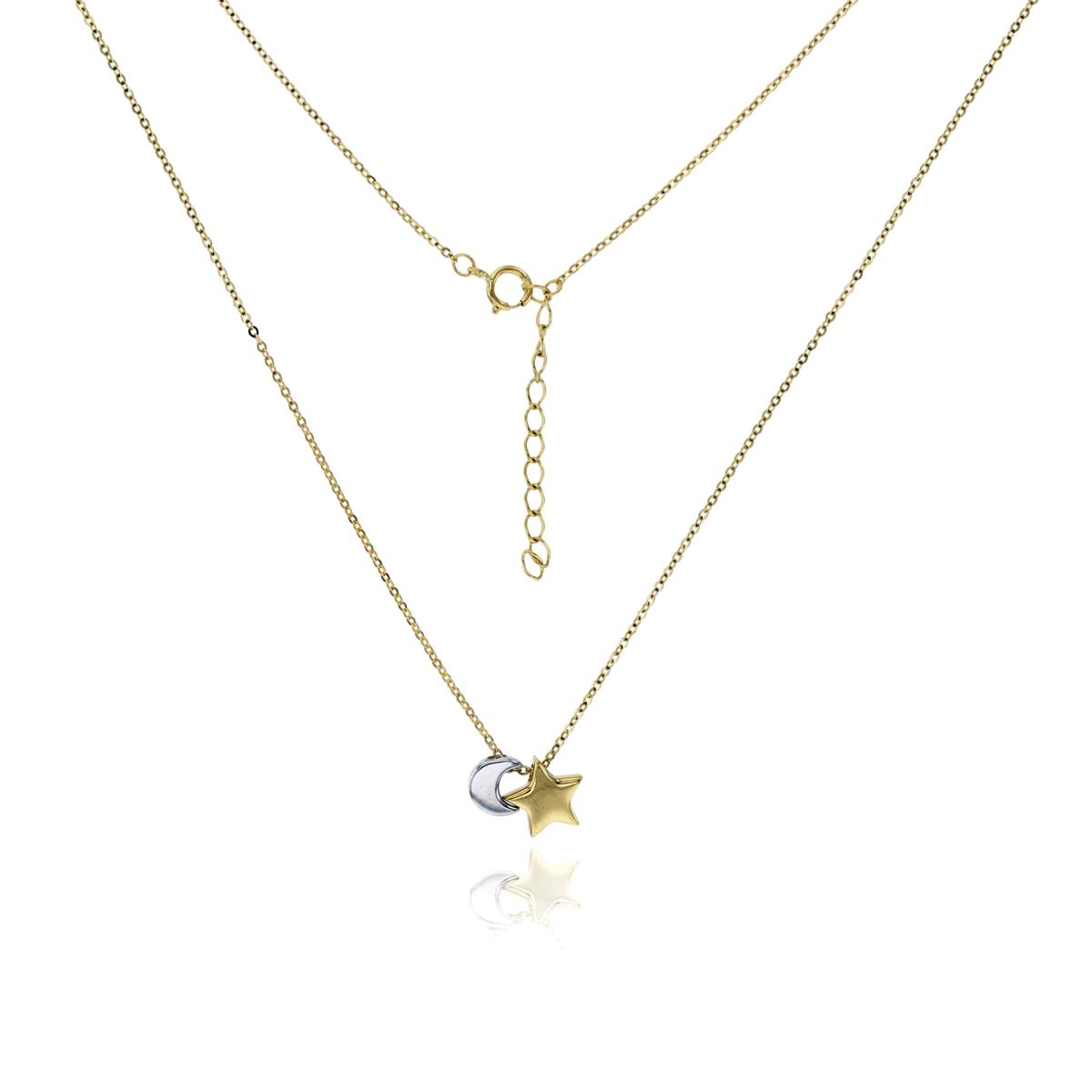 10K Two Tone Gold Polished Star & Moon 17"+1" Extender Necklace