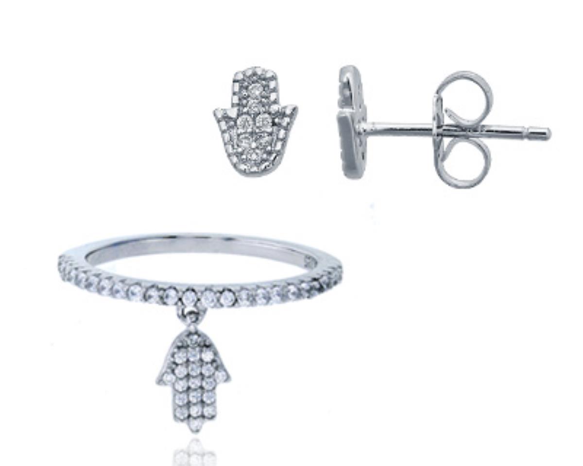 Sterling Silver Rhodium Micropave Hamsa Ring & Earring Set