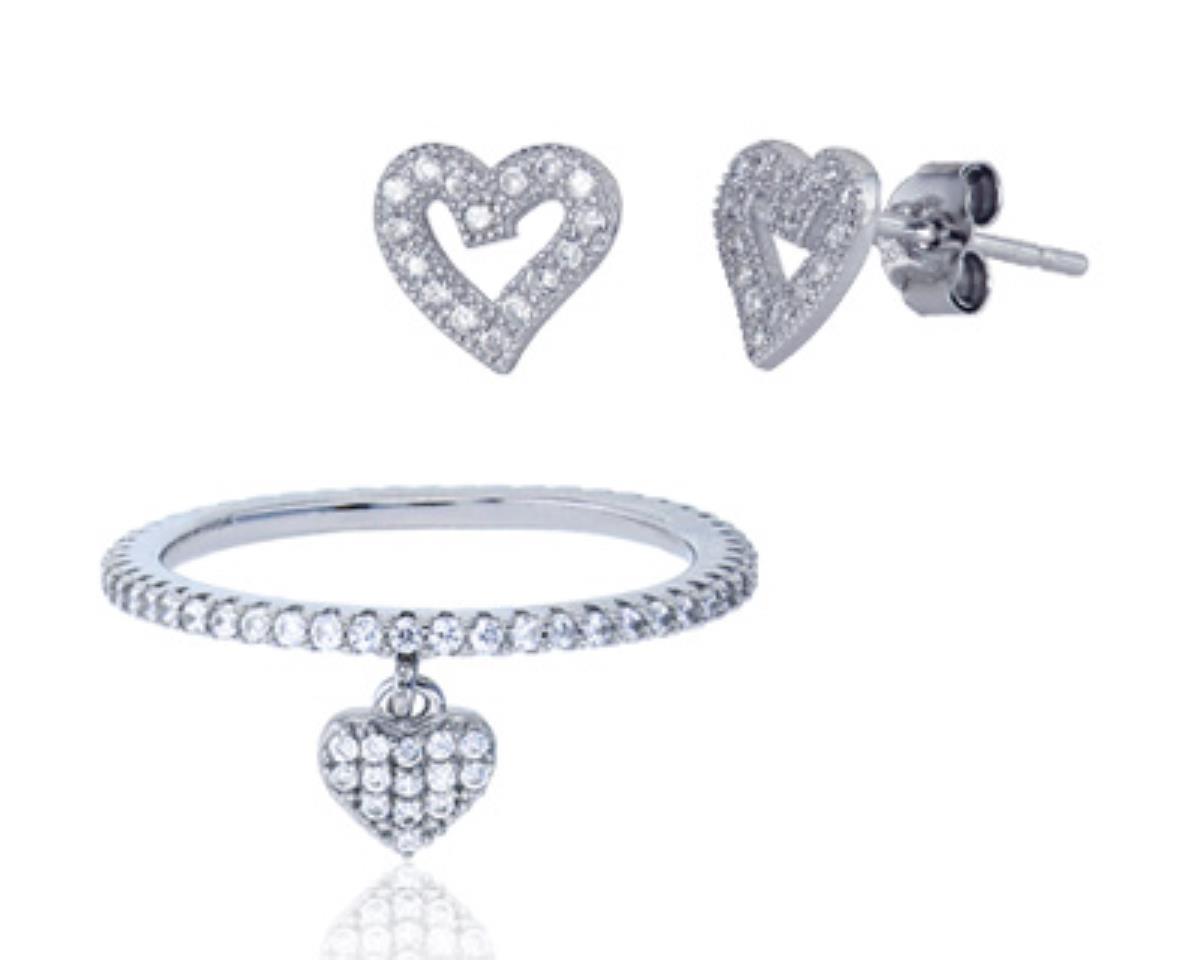 Sterling Silver Rhodium Micropave Heart Ring & Earring Set