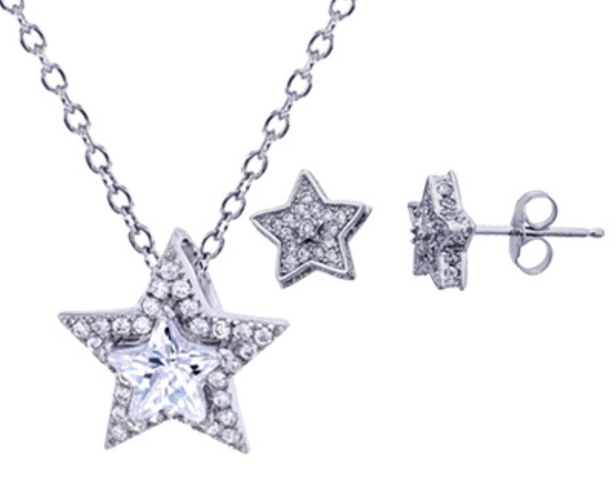 Sterling Silver Rhodium Micropave Star 18"+2" Necklace & Earring Set